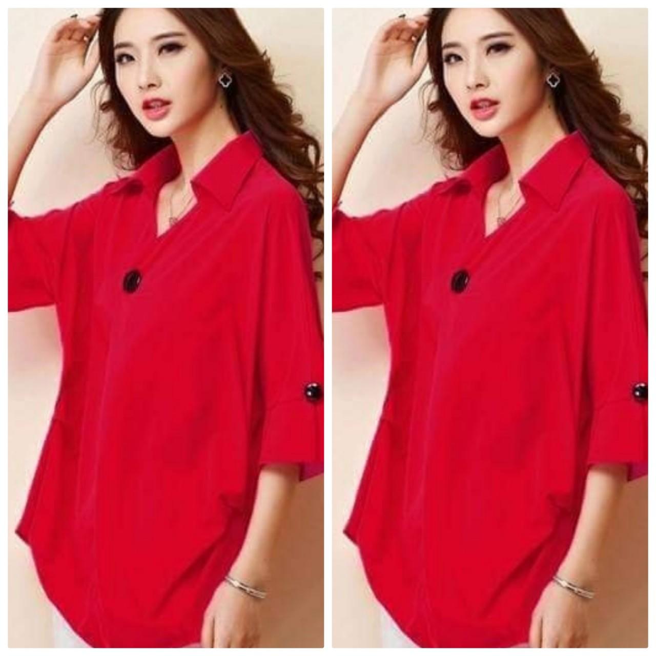 [HCM]ÁO SƠ MI FORM RỘNG PHỐI NÚT ĐỦ SIZE BEYEU1688 - BY1013 (ĐỎ TƯƠI)