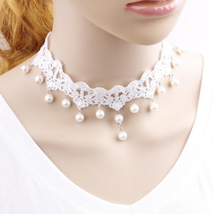 Vòng cổ choker ren trắng ngọc trai cổ tích 