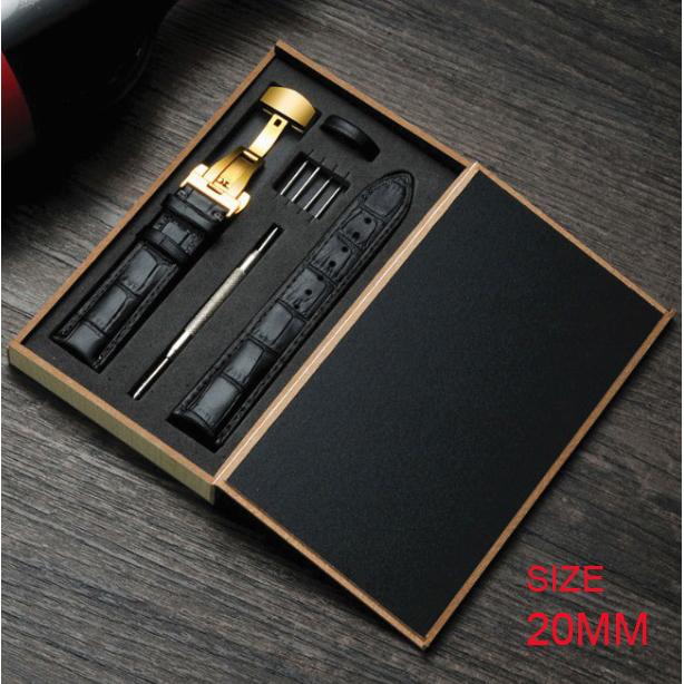Dây đồng hồ da bò cao cấp tặng Hộp Gỗ SIZE 20mm ( Da ĐEN) kèm khóa bướm thép không gỉ 316L (VÀNG)