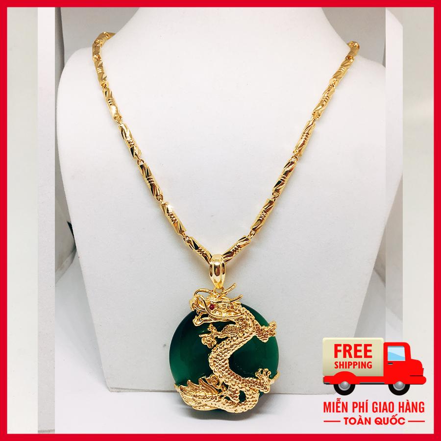 Dây chuyền nam trang sức bạc Thái + mặt Rồng ngọc xanh lục cao cấp