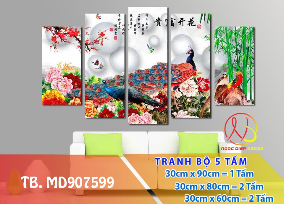 Sale giá gốc Tranh Trang Trí Chim công MD907599- Tranh đồng hồ 3D [5 tấm rộng 1,5m cao 0,9m] Ngọc Diệp Decor