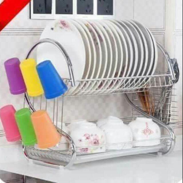 Kệ úp bát 2 tầng inox, có khay hứng