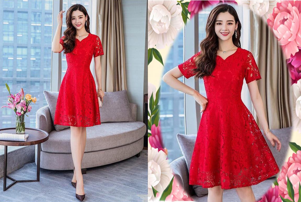 Đầm Xòe Ren Cổ Tim V-D0KN10 (Đỏ)