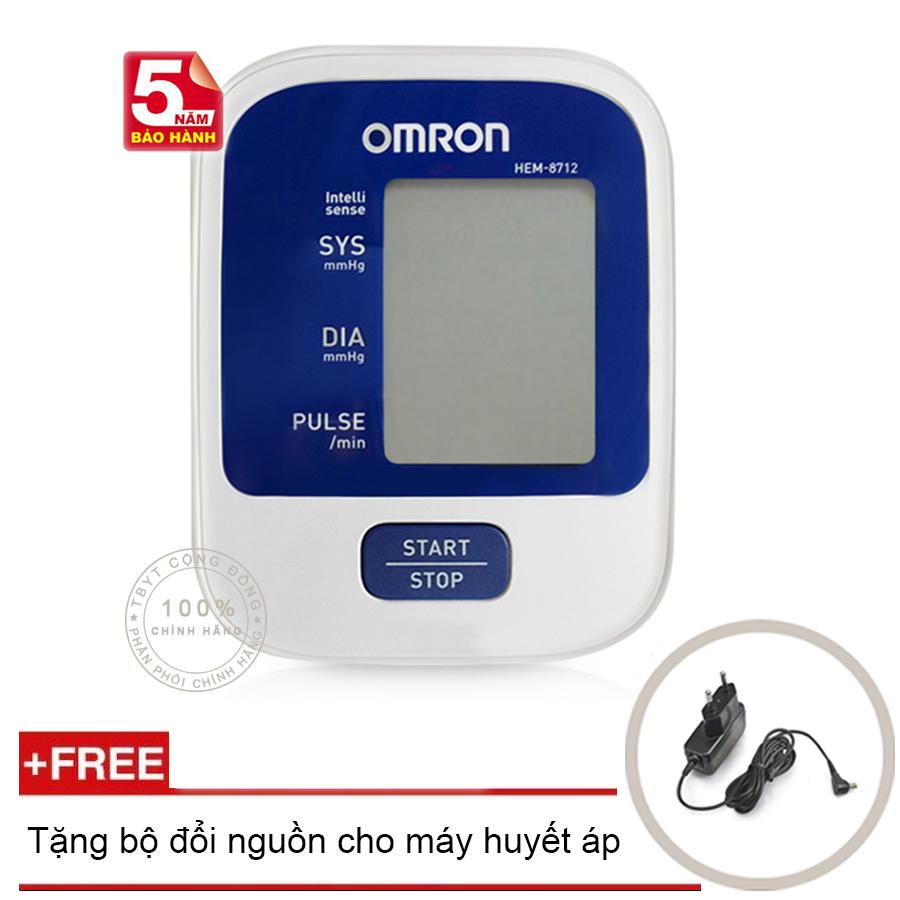 Máy đo huyết áp bắp tay Omron Hem 8712 Trắng phối xanh + Tặng bộ đổi nguồn