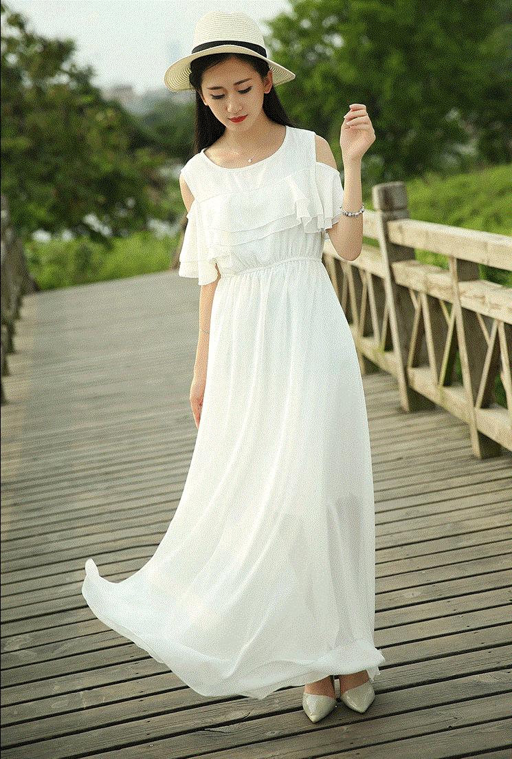 Đầm maxi chifon rớt vai (Trắng)