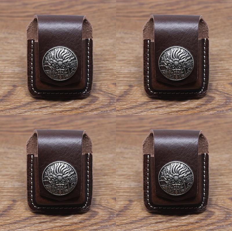 Bao da đựng bật lửa Zippo gắn hình mặt Rồng (Nâu) (Da thật 100%)
