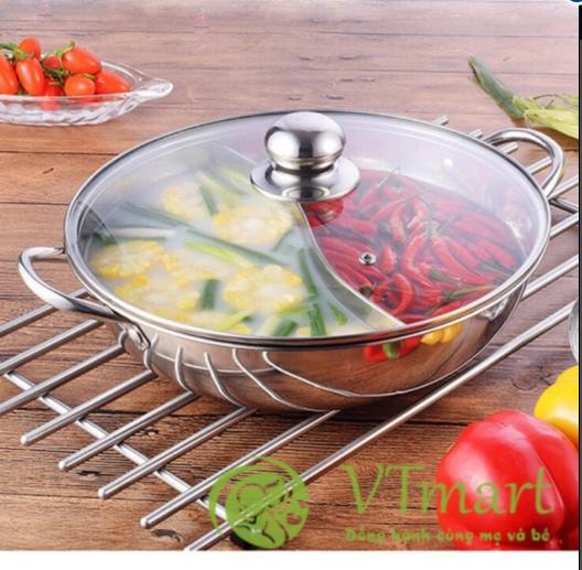 Nồi Lẩu Inox 2 Ngăn 30cm Đa Năng + Tặng kèm 2 bát inox 2 muôi 2 đũa