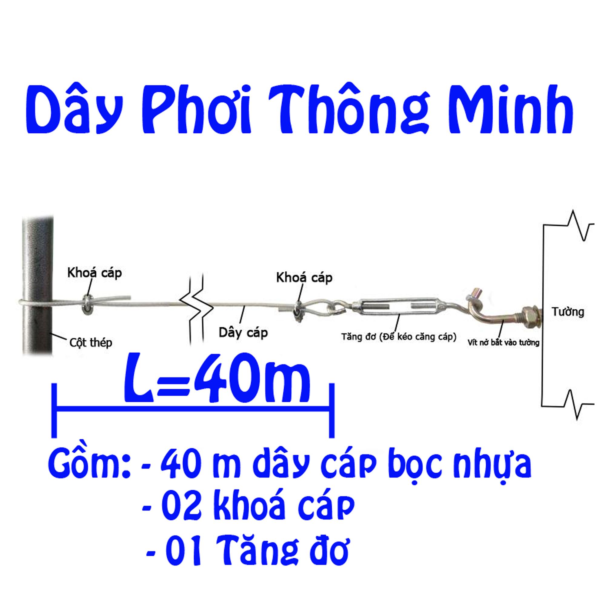 Dây phơi quần áo thông minh; dây phơi đồ thông minh; dây phơi thông minh cáp bọc nhựa phi 4x40m