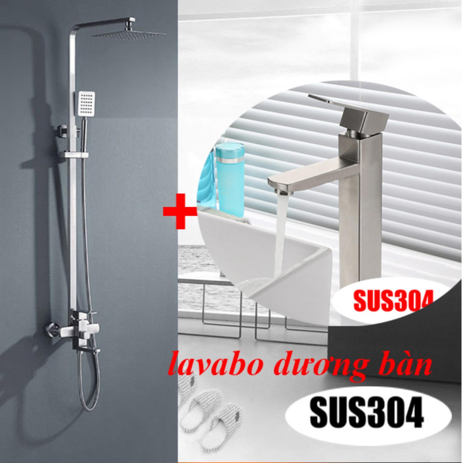 Bộ sen cây tắm nóng lạnh Inox SUS304 vuông 3001 + Lavabo 5014