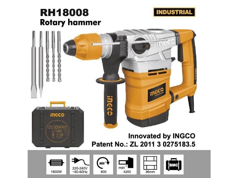 1800W-36 Máy khoan đục bê tông Ingco RH18008 (tặng kèm 3 mũi khoan gài + 2 mũi đục)