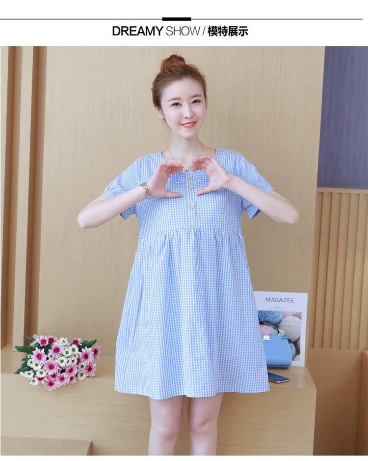 Váy Bầu Kẻ Caro Xanh Nơ Cổ