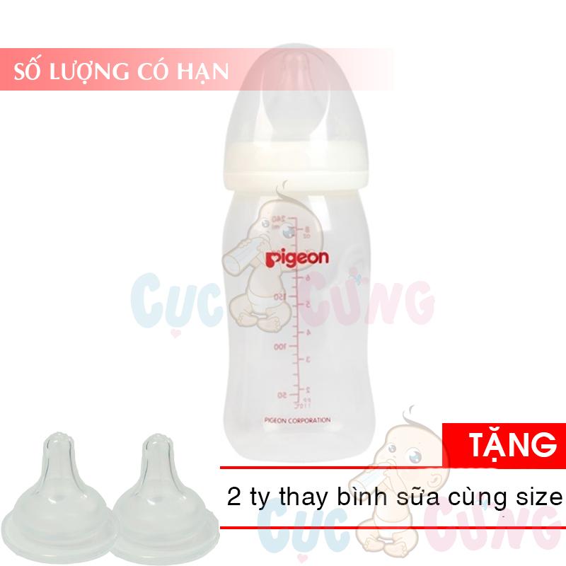 Bình sữa nhựa cổ rộng Pigeon PP 240ml Tặng 2 ty thay binh sua cùng size