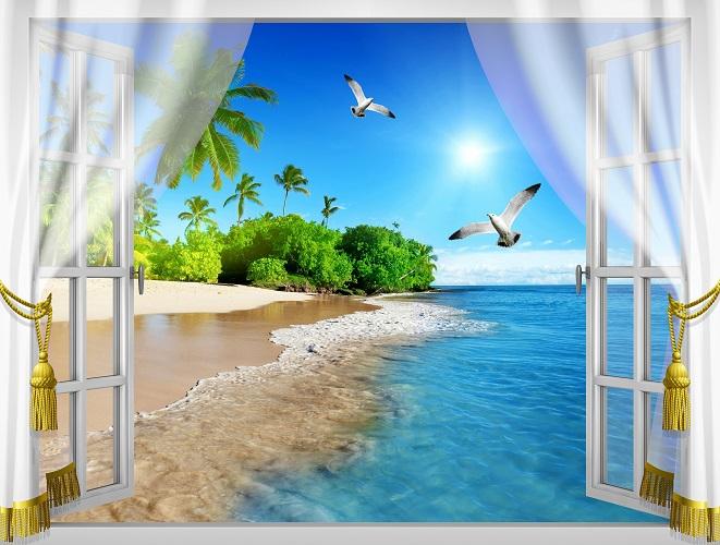 Tranh dán tường cửa sổ VTC Cảnh biển đẹp VT0317 phủ kim sa