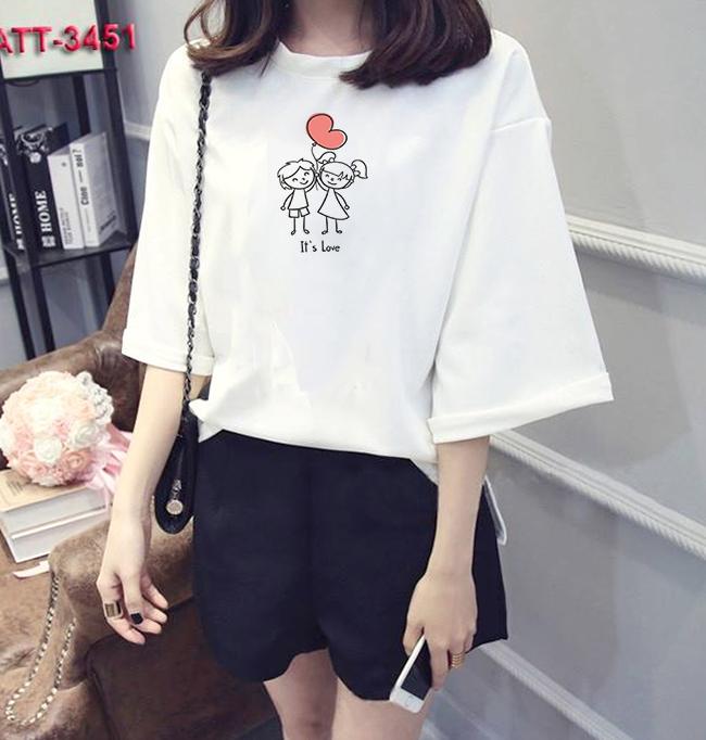 [Hoàn Tiền 15%] Áo thun nữ tay lỡ form rộng in hình cặp đôi thả bóng bay vải dày mịn TEEWOTL90