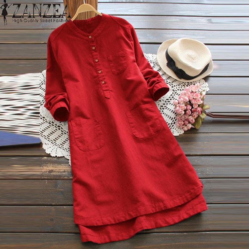 ZANZEA Long Top Solid Blouse Shirt Dress Women Long Sleeve Pockets Buttons Dress