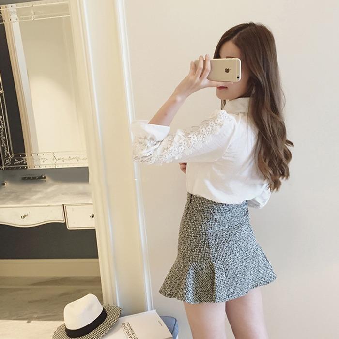 Áo sơ mi nữ bo tay viền ren hoa (Trắng)
