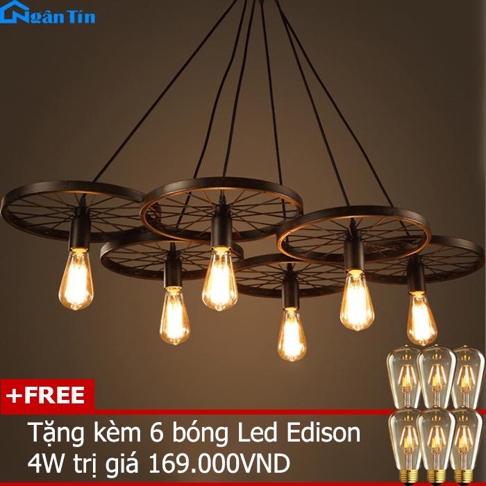 Bộ 6 đèn thả trần bánh xe trang trí nhà quán cà phê THCN110 (Tặng kèm 6 bóng Led Edison 4w)