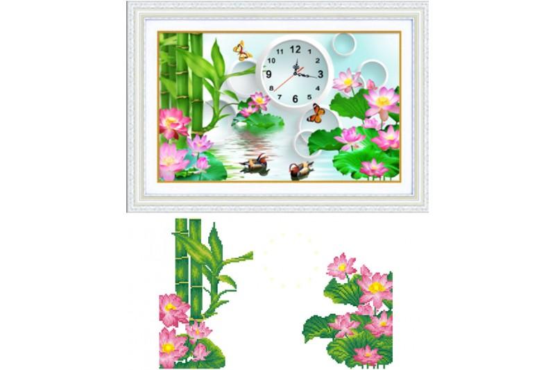 Tranh đính đá đồng hồ trúc sen-YN2031-Ngọc Thịnh