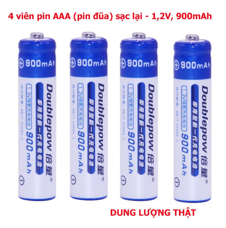 Bộ 04 viên Pin AAA (pin đũa) sạc lại Double Pow 1,2V-900mAh dung lượng thật