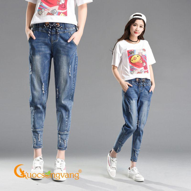 Quần baggy nữ jean cotton co giãn quần jean lưng thun GLQ030 xanh đen