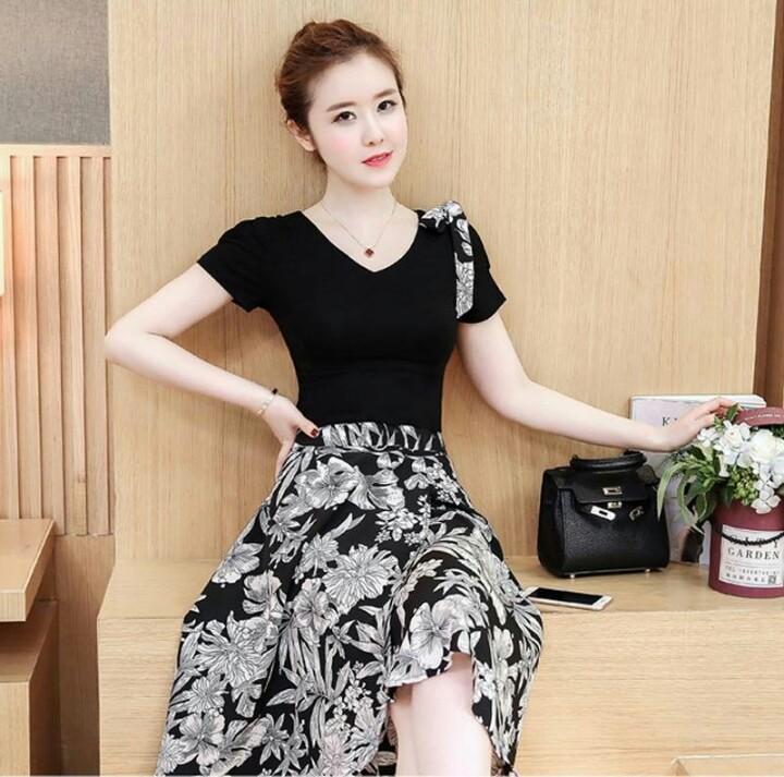 Đầm maxi xòe dự tiệc hoa biển nơ vai