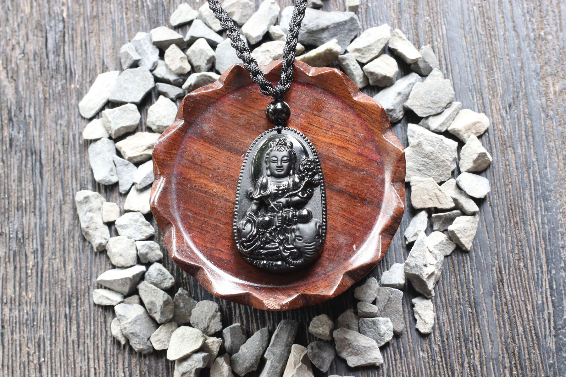 Mặt dây chuyền Phổ Hiền Bồ Tát đá Obsidian 5x3cm - Tặng dây đeo