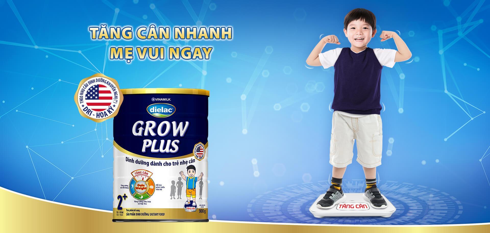 Sữa bột Vinamilk Dielac Grow Plus màu xanh 2+ 900g (hộp thiếc)