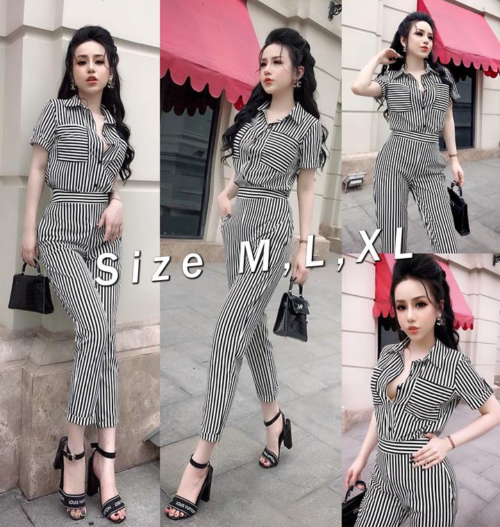 Jumpsuit - Đồ bay dài tay ngắn cổ sơ mi phối sọc trắng đen siêu hot - AV5964