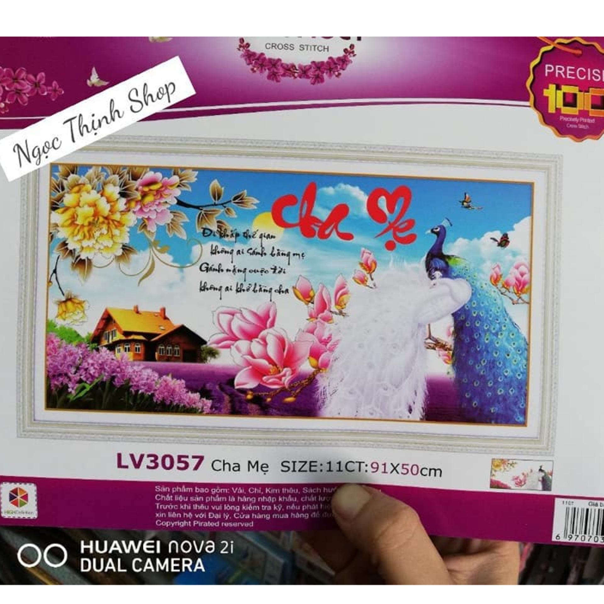 Tranh thêu chữ thập (chưa thêu) thư pháp Cha mẹ đôi công-LV3057-KT: 91X50Cm