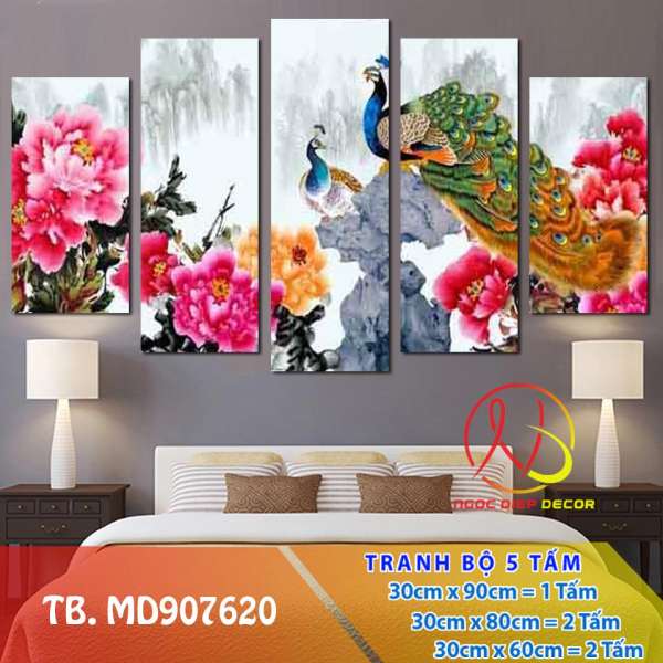 [Sale] Tranh Treo Tường Chim công MD907620- Tranh treo phòng ngủ 3D [5 tấm rộng 1,5m cao 0,9m] SuperDecor