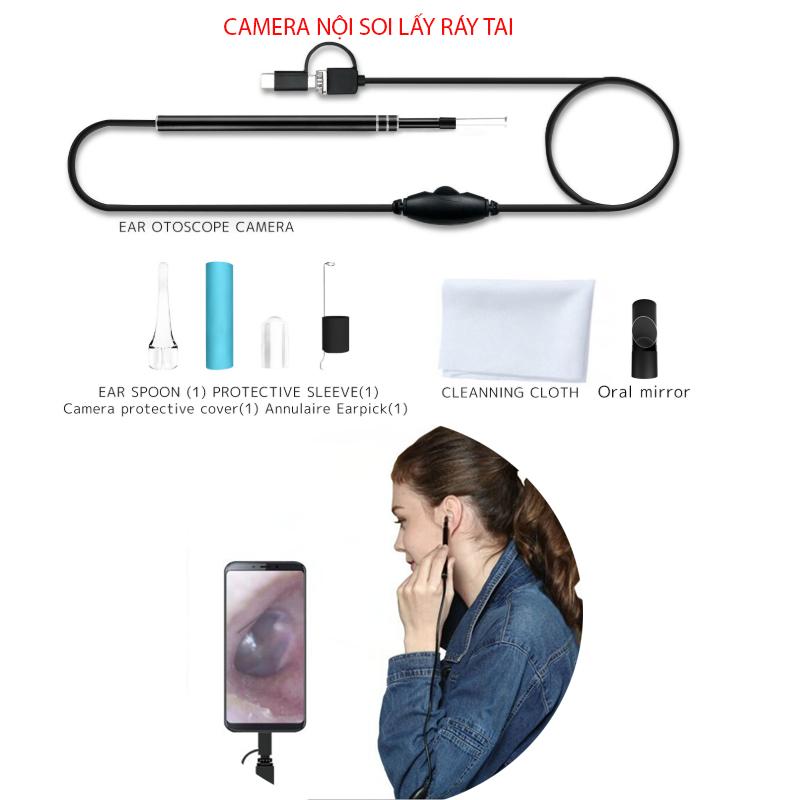 Camera nội soi lấy ráy tai Ear003 có đèn led hỗ trợ smartphone android và máy tính (với 3 đầu kết nối USB, mUSB và Type C)