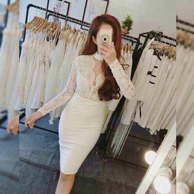 Đầm body ren ôm tay dài xẻ ngực 