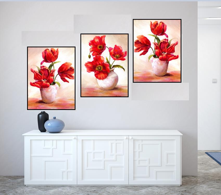 Bộ 3 tranh treo tường Canvas bình hoa đỏ CVC03055
