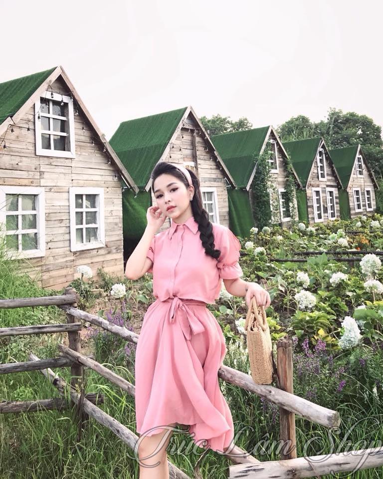 Váy Xòe Cổ Đức Tay Bồng Nơ Thắt Lưng Tiểu Thư