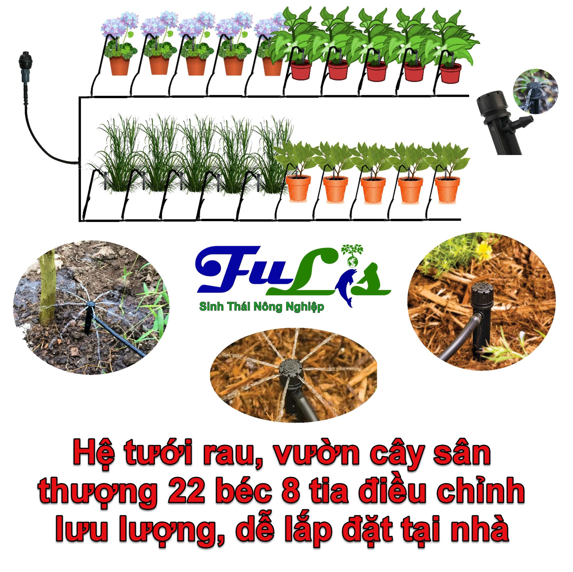 Hệ Thống tưới 22 béc tưới gốc 8 tia trồng rau đô thị, tiết kiệm nước FLT22, Dành cho 10 khay rau hoặc 10 m2 cây trồng