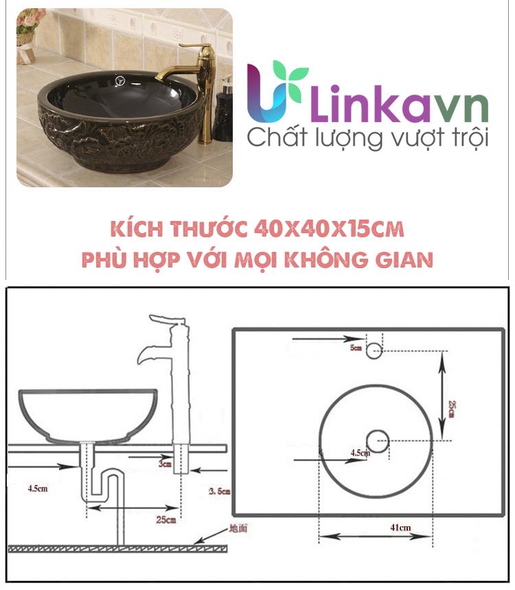 Chậu rửa lavabo gốm sứ nghệ thuật – Hoạ tiết khắc nổi màu nâu đất