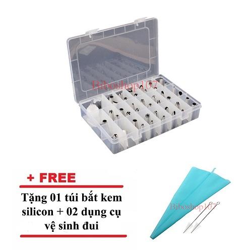 Bộ 41 đui inox kèm chốt tặng túi bắt kem silicon + 2 dụng cụ vệ sinh đui