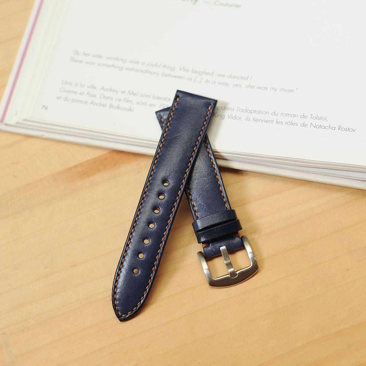 Dây đồng hồ Da bò nhập khâu - Đồ da handmade màu xanh navy- Dây đồng hồ Mino Crafts VI463