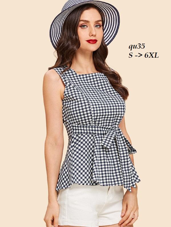 TOP197QU ÁO CARO NỮ THẮT NƠ EO