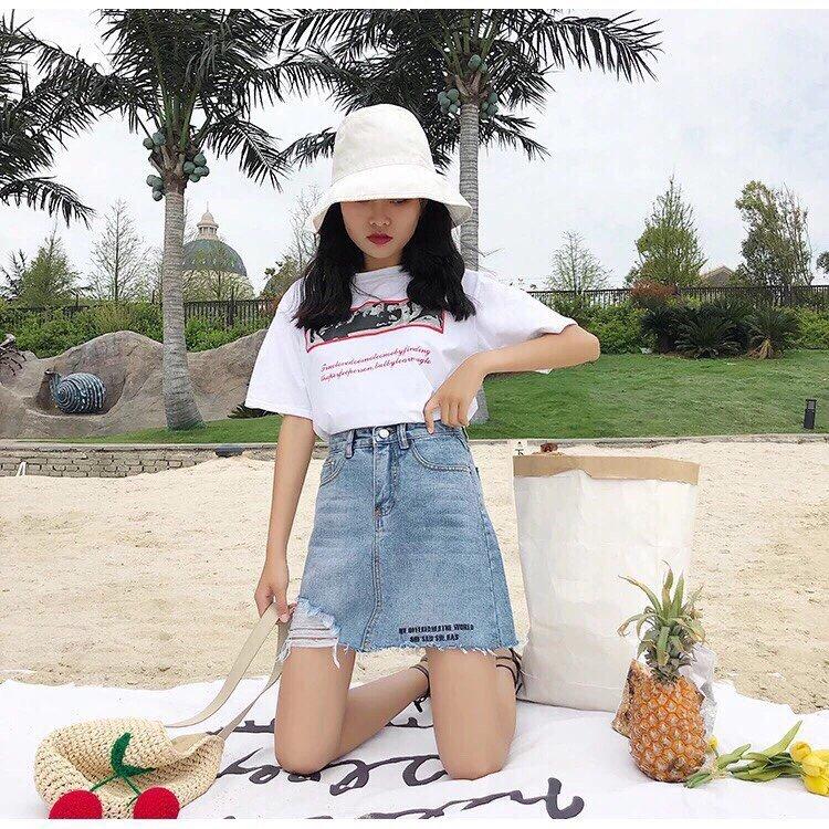 [HCM]Chân váy jean rách in chữ cao cấp