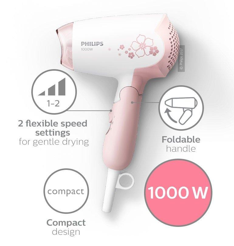Máy sấy tóc mini cao cấp Philips HP8108 (Hồng) - Hàng chính hãng (Bảo hành 2 năm tại các Trung tâm bảo hành Philips trên toàn quốc)