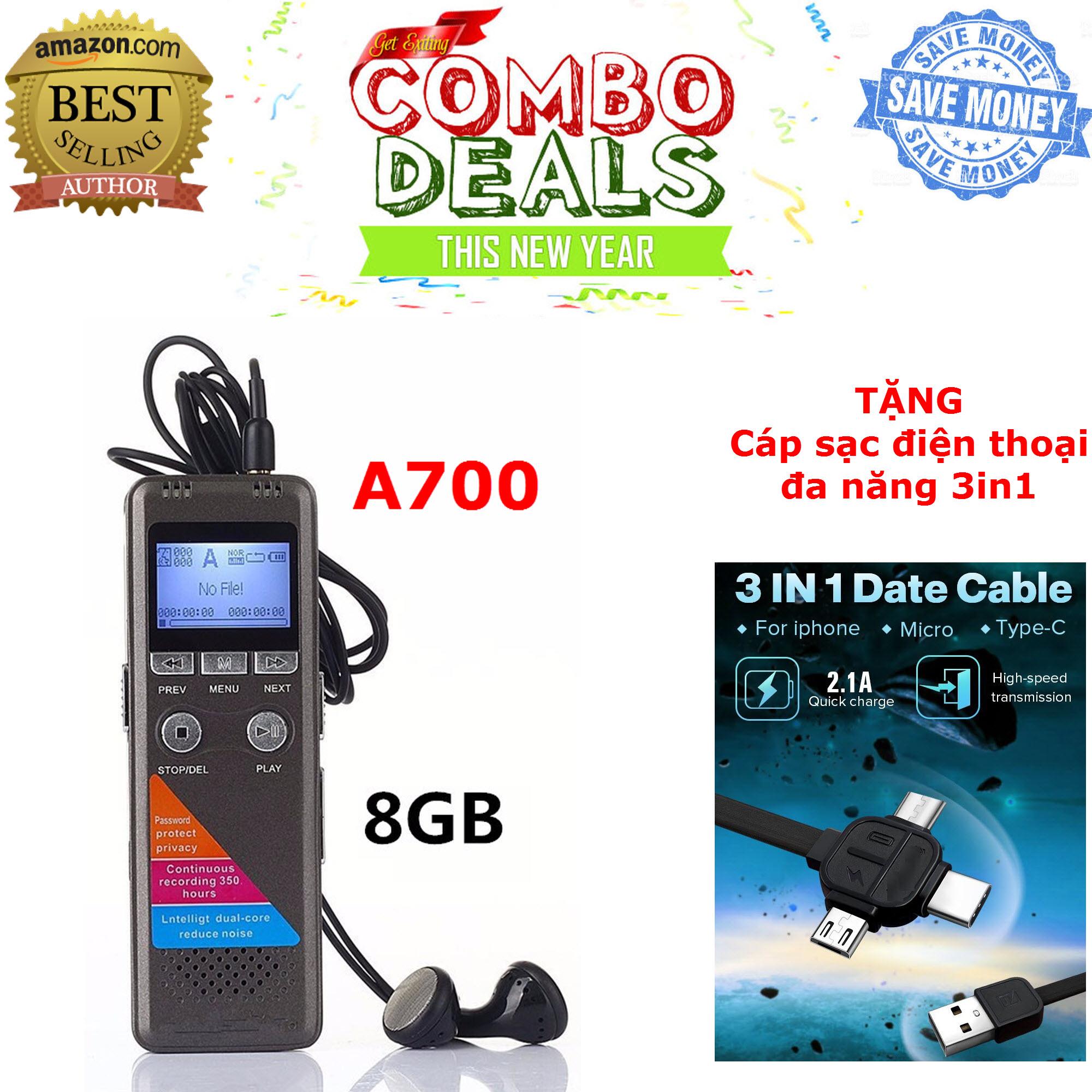 Máy ghi âm A700 Pin 200 Giờ Bộ nhớ trong 8Gb + Tặng Cáp sạc điện thoại Đa năng cực bền - Hàng công ty nhập khẩu - Bảo hành 12 tháng