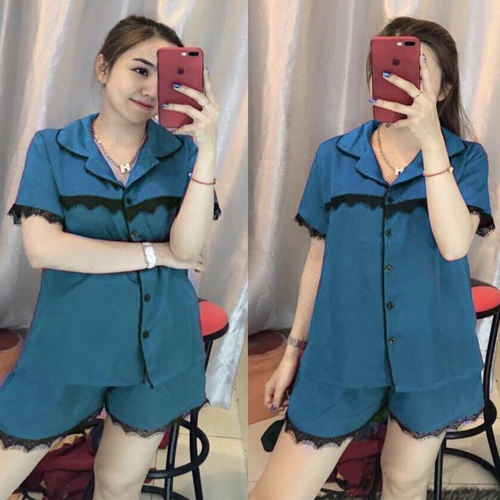 Đồ Bộ Nữ Quần Đùi Mặc Nhà Chất Phi Bóng Phối Ren