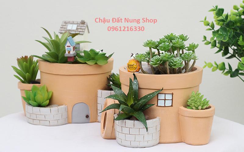 Chậu kiểu Mèo và khúc gỗ, Chậu trồng cây, Chậu hoa, Chậu đẹp, Chậu tiểu cảnh, Chậu đất nung, chậu đáng yêu, Chau trong cay