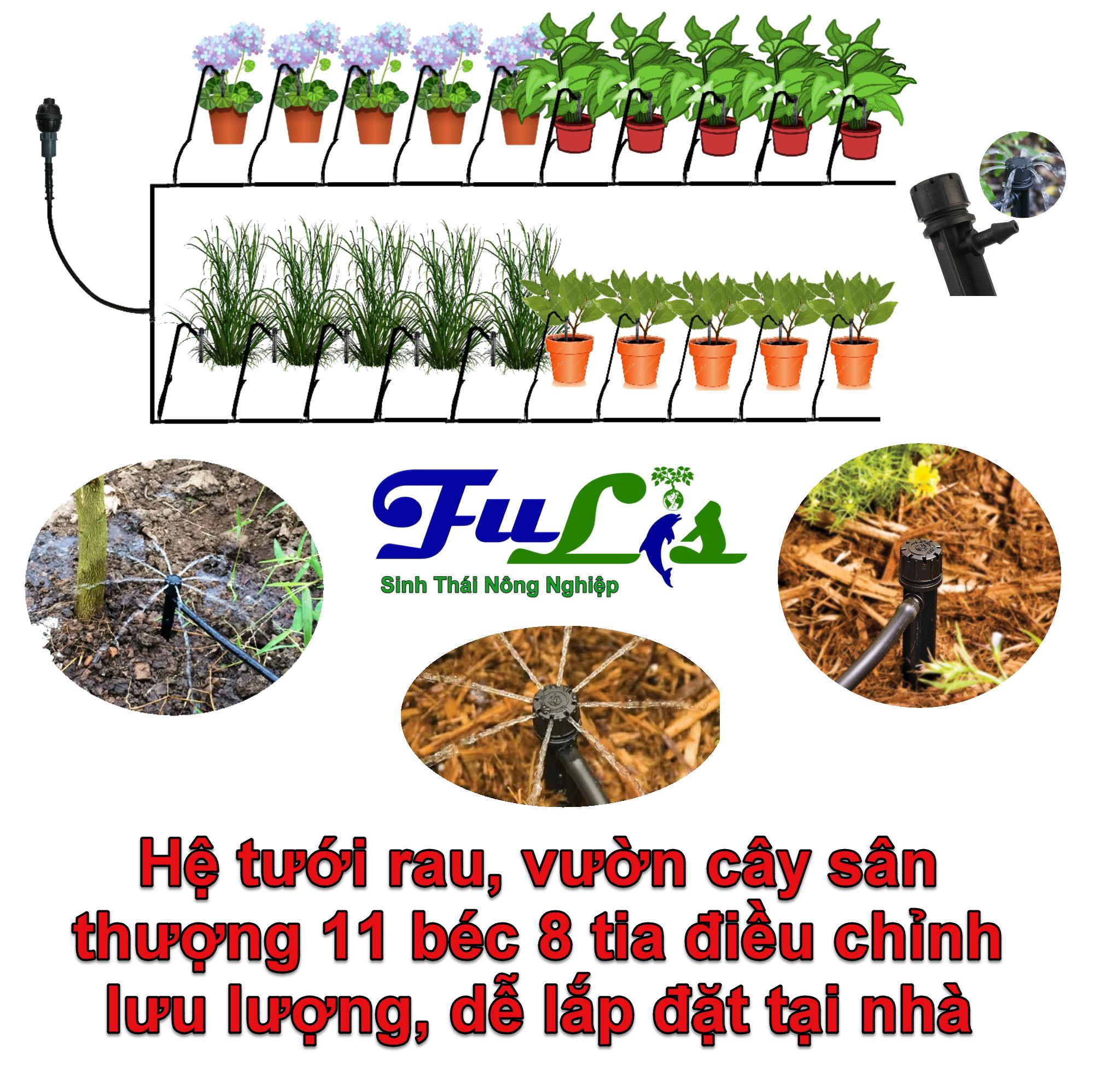 Hệ thống 11 béc tưới gốc 8 tia trồng rau đô thị, tiết kiệm nước flt11, dành cho 10 khay rau hoặc 10 m2 cây trồng