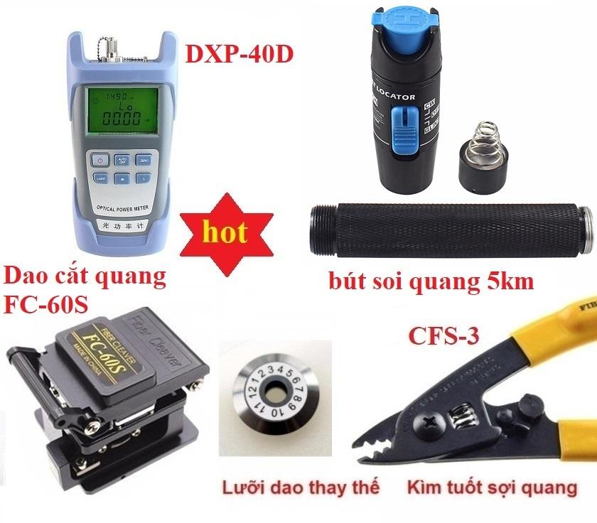 Bộ thi công cáp quang với 5 sản phẩm:Máy đo suy hao quang HX + Dao cắt sợi quang SKL -60S + Bút soi sợi quang 5Km + Kìm tuốt sợi quang + Lưỡi dao thay thế