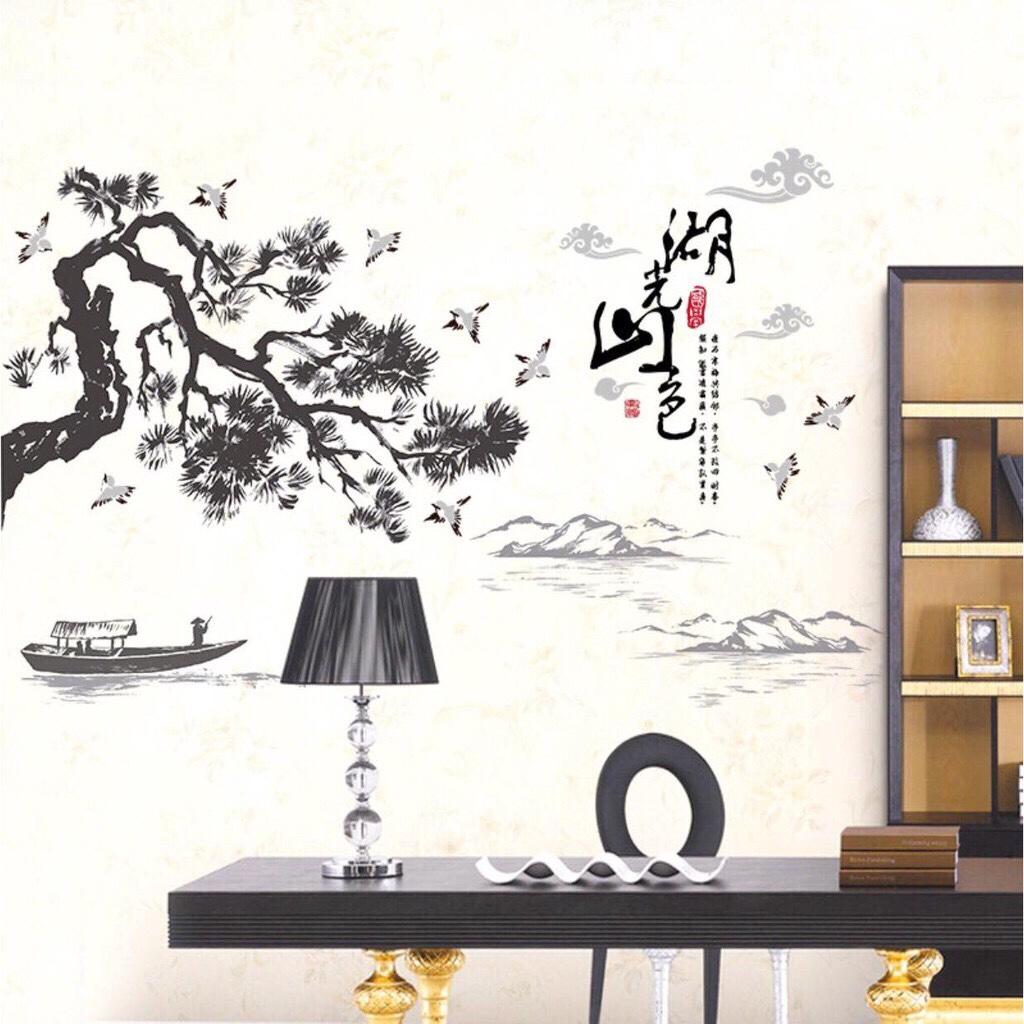 decal dán tường phong thủy cây tùng non nước
