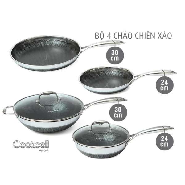 Bộ 4 chảo CHIÊN, XÀO iNox Blackcube ( chiên 24, 30cm  Xào 24, 30cm  )