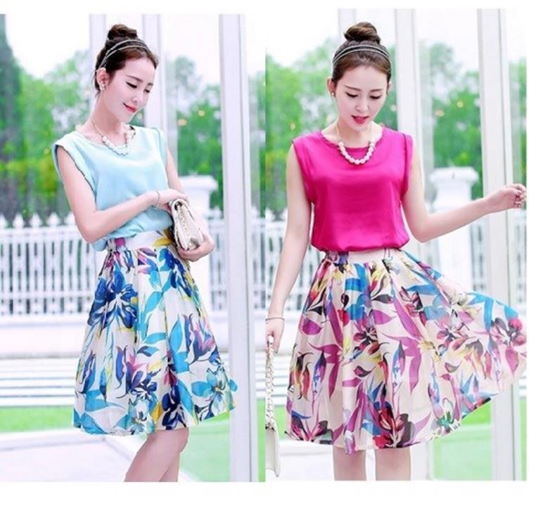 [HCM]Bộ váy hoa xòe và áo sát nách dmk020 (Xanh)