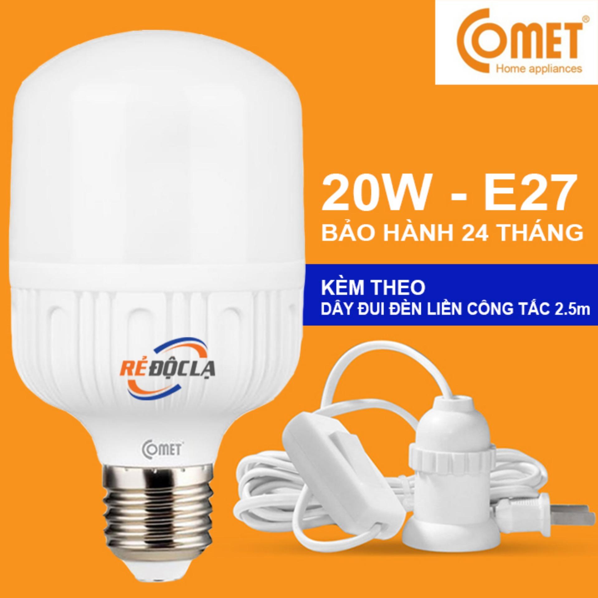 Bóng đèn Led trụ Comet  20w ( Ánh sáng Trắng) + Dây đui đèn công tắc 2.5m